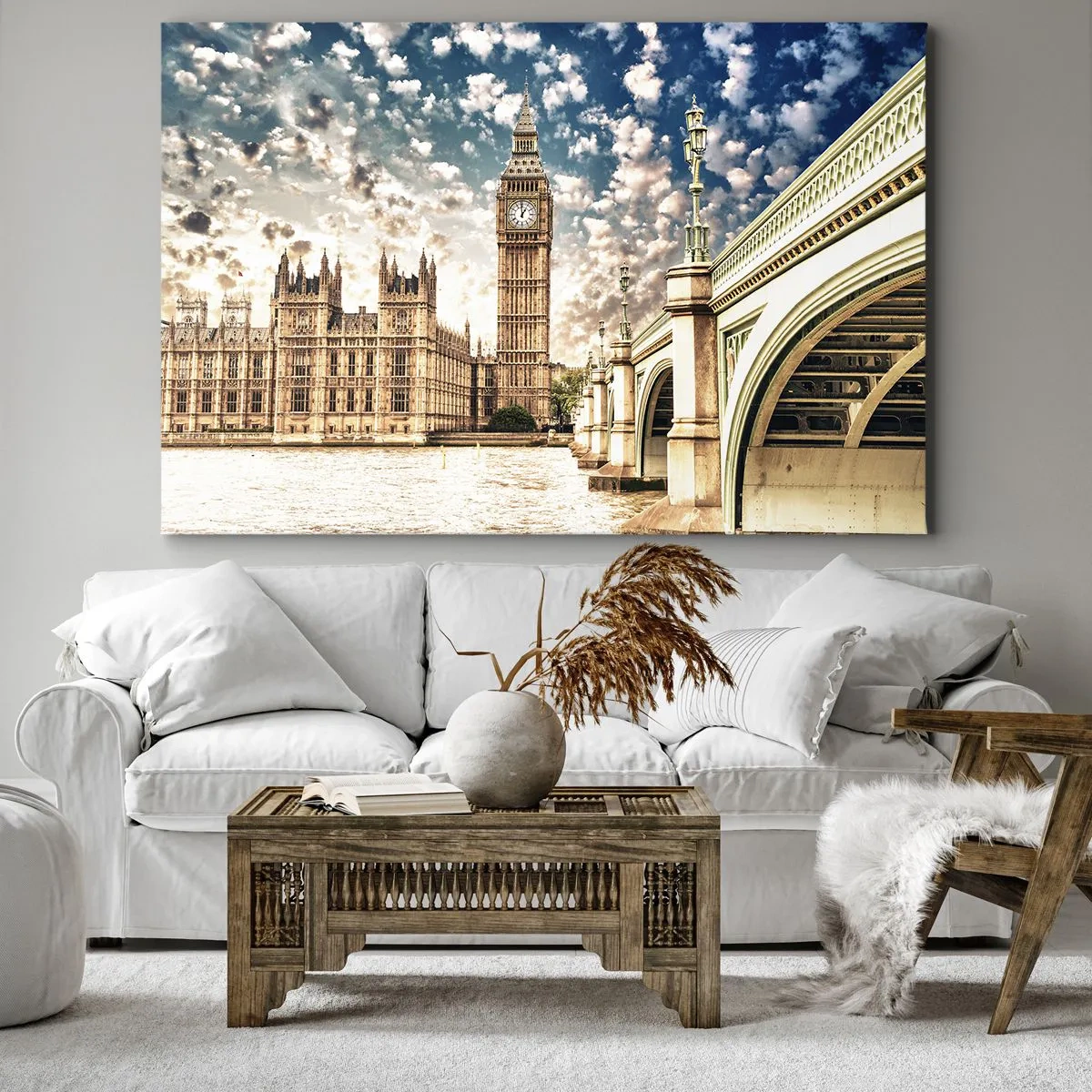 Bild auf Leinwand - Leinwandbild - Big Ben und Westminster Bridge im Sonnenlicht in London - 120x80cm - Federwolken über der Themse - Moderne Wanddekoration für Wohnzimmer und Schlafzimmer ARTTOR
