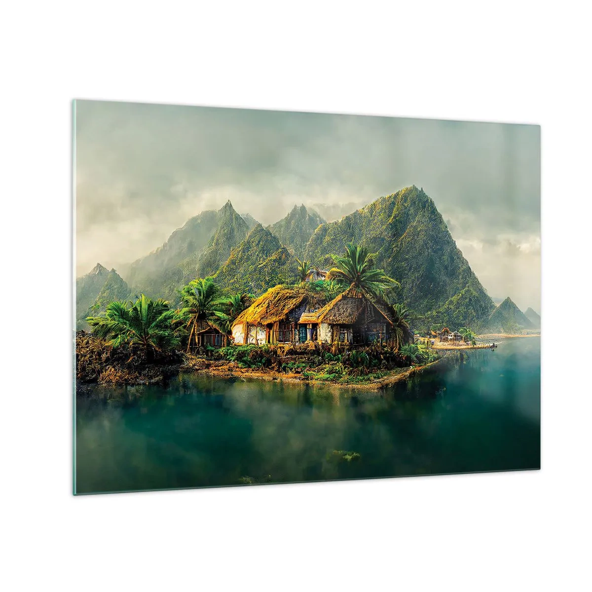 Glasbild - Bild auf glas - Ein tropisches Dorf am Wasser, umgeben von Bergen und Palmen - 70x50cm - Tropisches Paradies - Moderne Wanddekoration für Wohnzimmer und Schlafzimmer ARTTOR