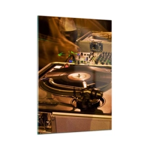 Glasbild - Bild auf glas - Ein Plattenspieler vor einer Partykulisse mit dynamischen Lichteffekten - 50x70cm - Kannst du die Kraft spüren? - Moderne Wanddekoration für Wohnzimmer und Schlafzimmer ARTTOR