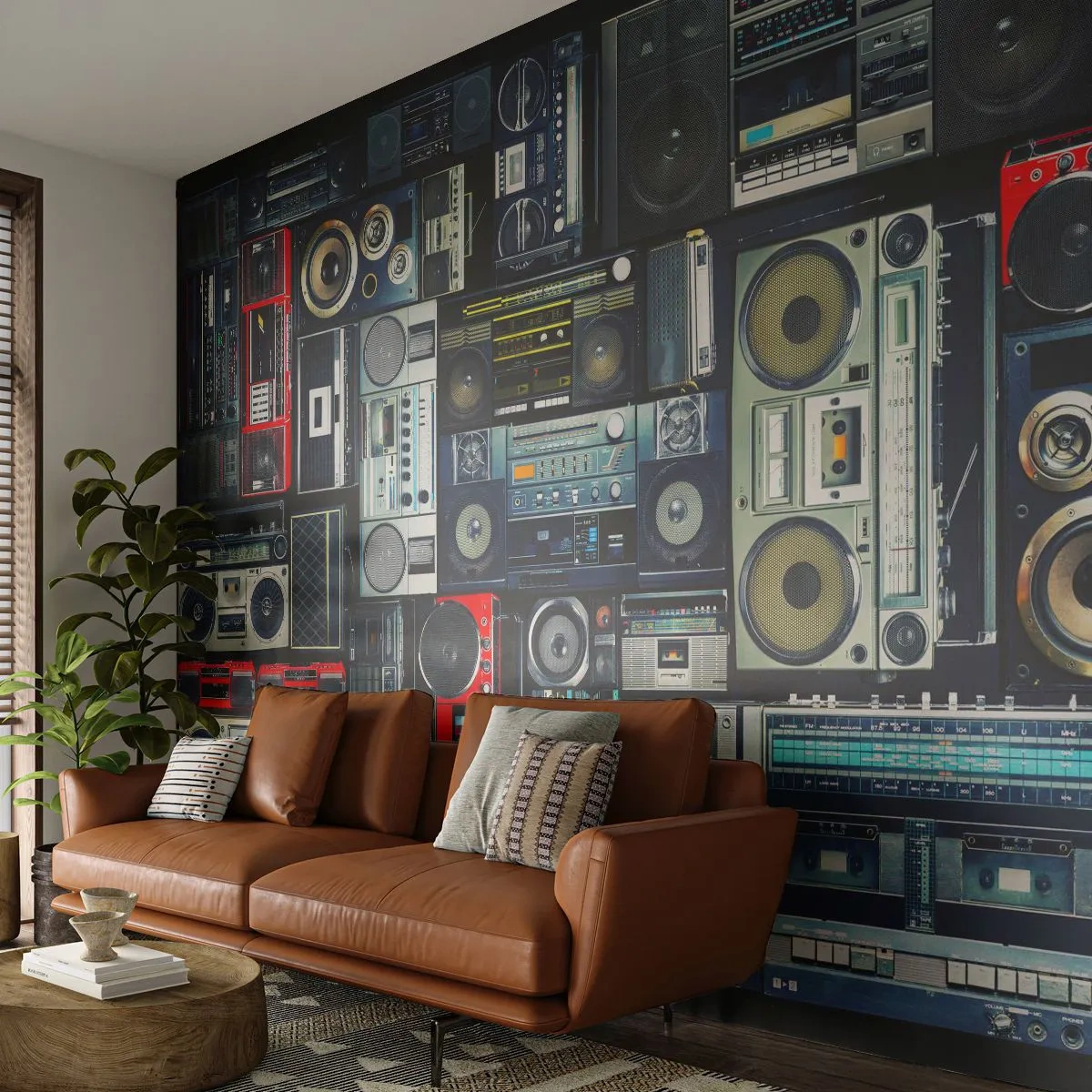 Fototapete Premium Sand - Eine Sammlung von Retro-Boomboxen und Audiogeräten auf dunklem Hintergrund. - 100x70cm - Sehnsucht nach den 1980er Jahren - Moderne Wanddekoration für Wohnzimmer und Schlafzimmer ARTTOR