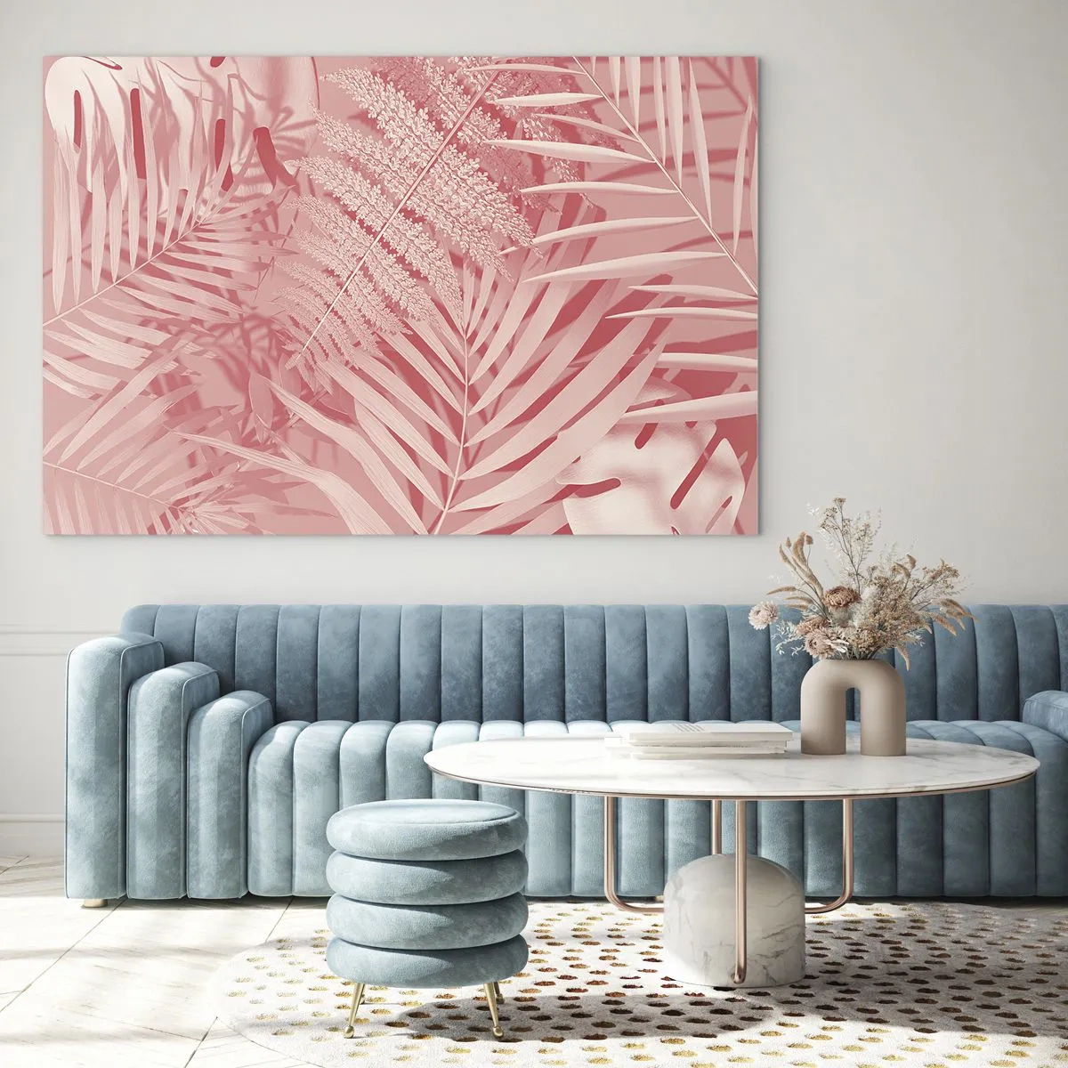 Glasbild - Bild auf glas - Rosa tropische Blätter in einer modernen Komposition - 70x50cm - Rosa Konzept - Moderne Wanddekoration für Wohnzimmer und Schlafzimmer ARTTOR