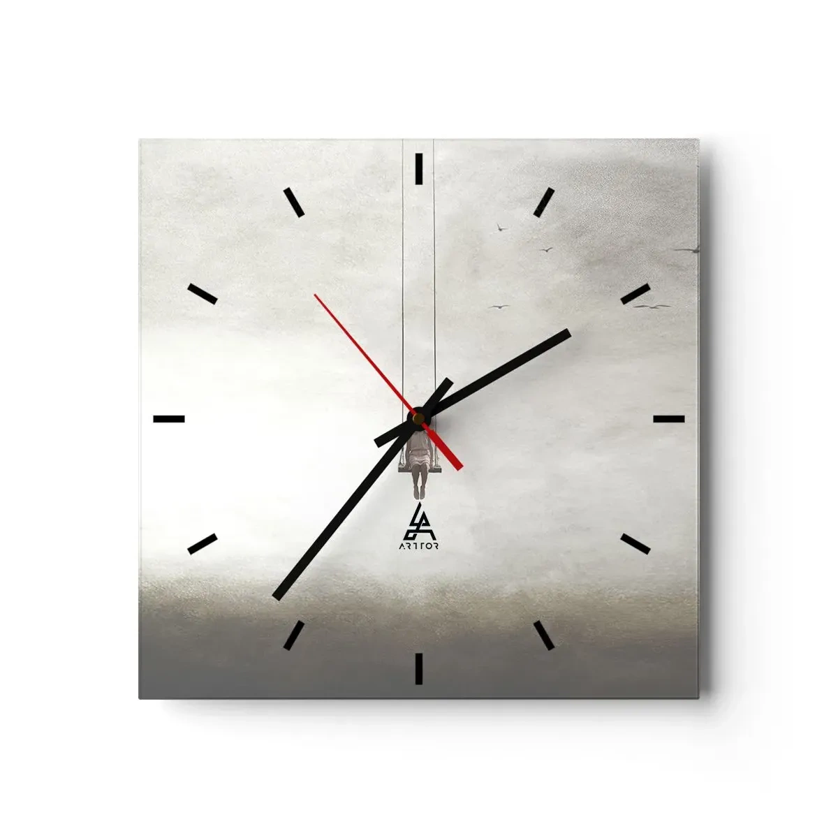 Wanduhr - Glasuhr - Eine Figur auf einer Schaukel, die im Raum schwebt - 30x30cm - Ein Kind in uns - Moderne Wanddekoration für Wohnzimmer und Schlafzimmer ARTTOR