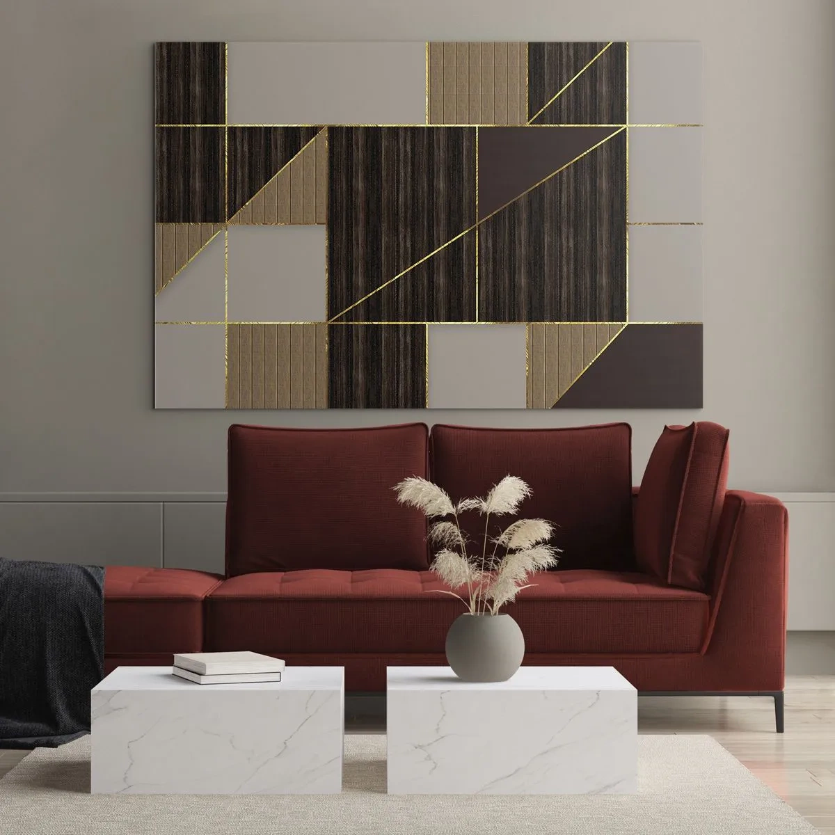 Glasbild - Bild auf glas - Abstraktes Mosaik mit braunen und goldenen Elementen - 70x50cm - Ein Mosaik aus Braun und Gold - Moderne Wanddekoration für Wohnzimmer und Schlafzimmer ARTTOR