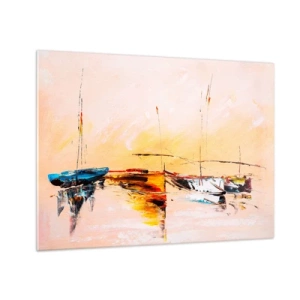 Glasbild - Bild auf glas - Bunte Boote vor der Kulisse eines impressionistischen Sonnenuntergangs - 70x50cm - Abend im Yachthafen - Moderne Wanddekoration für Wohnzimmer und Schlafzimmer ARTTOR