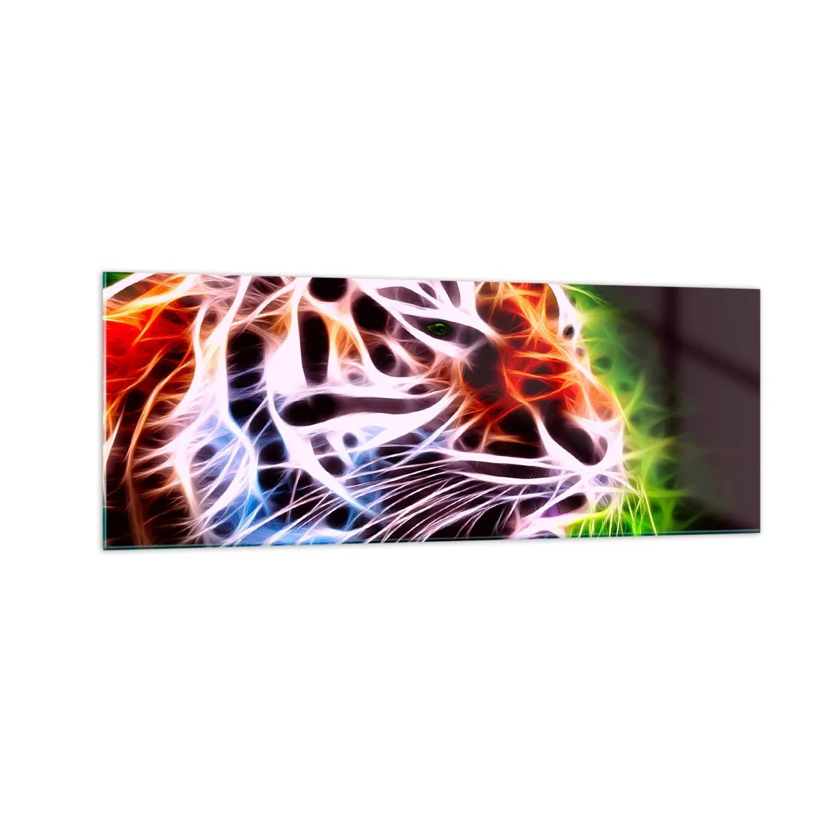 Glasbild - Bild auf glas - Farbenfrohes künstlerisches Porträt eines Tigers im Neonstil auf schwarzem Hintergrund. - 140x50cm - Schreckliche Aura - Moderne Wanddekoration für Wohnzimmer und Schlafzimmer ARTTOR