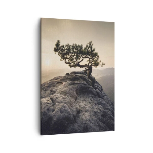Bild auf Leinwand - Leinwandbild - Ein einsamer Baum auf einem felsigen Gipfel im Sonnenlicht - 50x70cm - Das Leben gewinnt immer - Moderne Wanddekoration für Wohnzimmer und Schlafzimmer ARTTOR