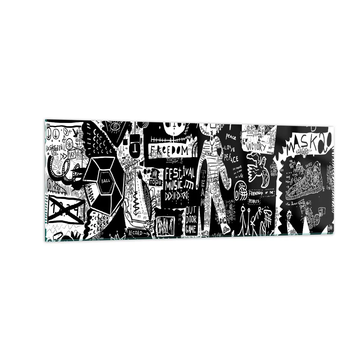 Glasbild - Bild auf glas - Von der Straßenkunst inspirierte Schwarz-Weiß-Collage - 140x50cm - Spirituelle Jugend des Gesetzes und der Freude - Moderne Wanddekoration für Wohnzimmer und Schlafzimmer ARTTOR
