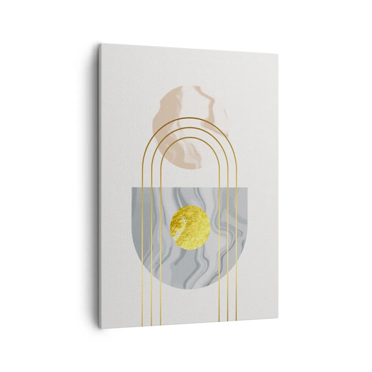 Bild auf Leinwand - Leinwandbild - Abstrakte Komposition mit Kreisen und goldenen Linien auf hellem Hintergrund. - 50x70cm - Helligkeit und Brillanz - Moderne Wanddekoration für Wohnzimmer und Schlafzimmer ARTTOR