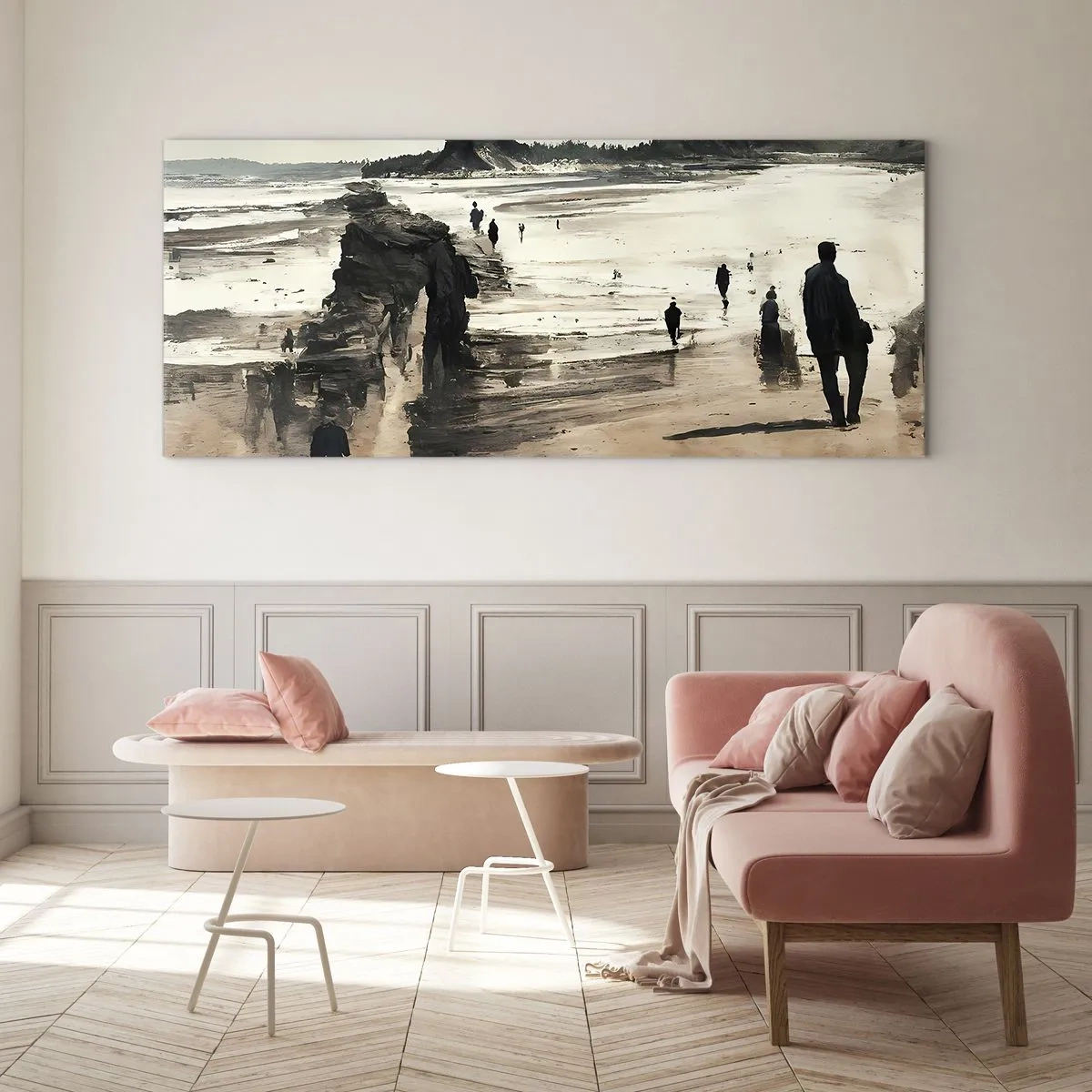 Glasbild - Bild auf glas - Strandspaziergänger in friedlicher Landschaft - 140x50cm - Einberufen - Moderne Wanddekoration für Wohnzimmer und Schlafzimmer ARTTOR