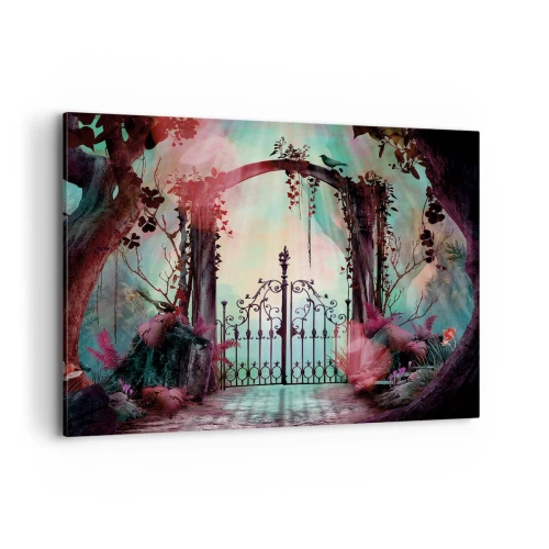 Bild auf Leinwand - Leinwandbild - Ein magischer Eingang mit einem schmiedeeisernen Tor, umgeben von geheimnisvoller Vegetation - 100x70cm - Geheimer Garten - Moderne Wanddekoration für Wohnzimmer und Schlafzimmer ARTTOR