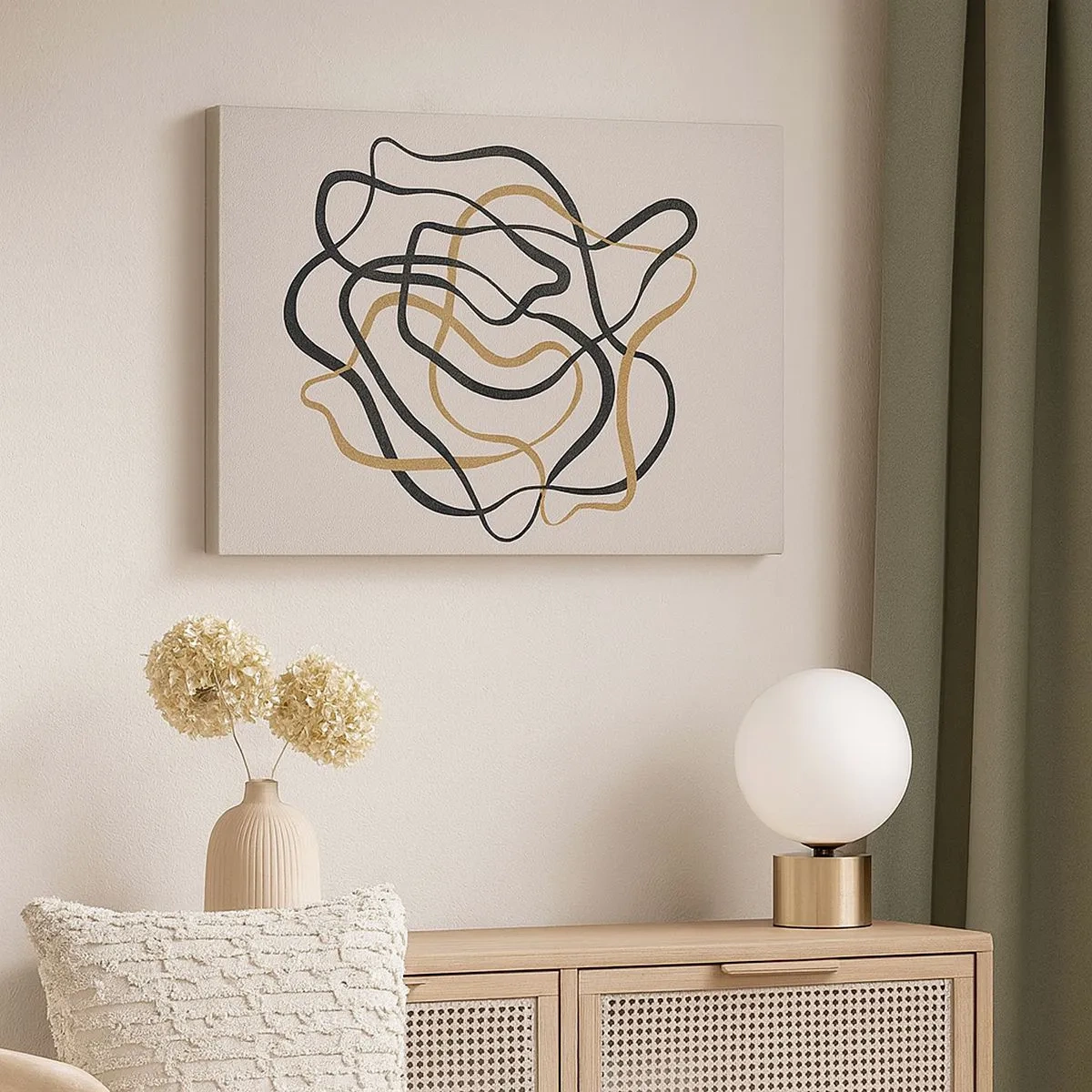 Bild auf Leinwand - Leinwandbild - Verworrene Linien in Schwarz und Gold auf hellem Hintergrund - 70x50cm - Alles ging schief - Moderne Wanddekoration für Wohnzimmer und Schlafzimmer ARTTOR