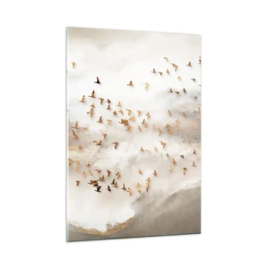 Glasbild - Bild auf glas - Ein Vogelschwarm fliegt über eine neblige Landschaft - 50x70cm - Es ist schon die Zeit… - Moderne Wanddekoration für Wohnzimmer und Schlafzimmer ARTTOR