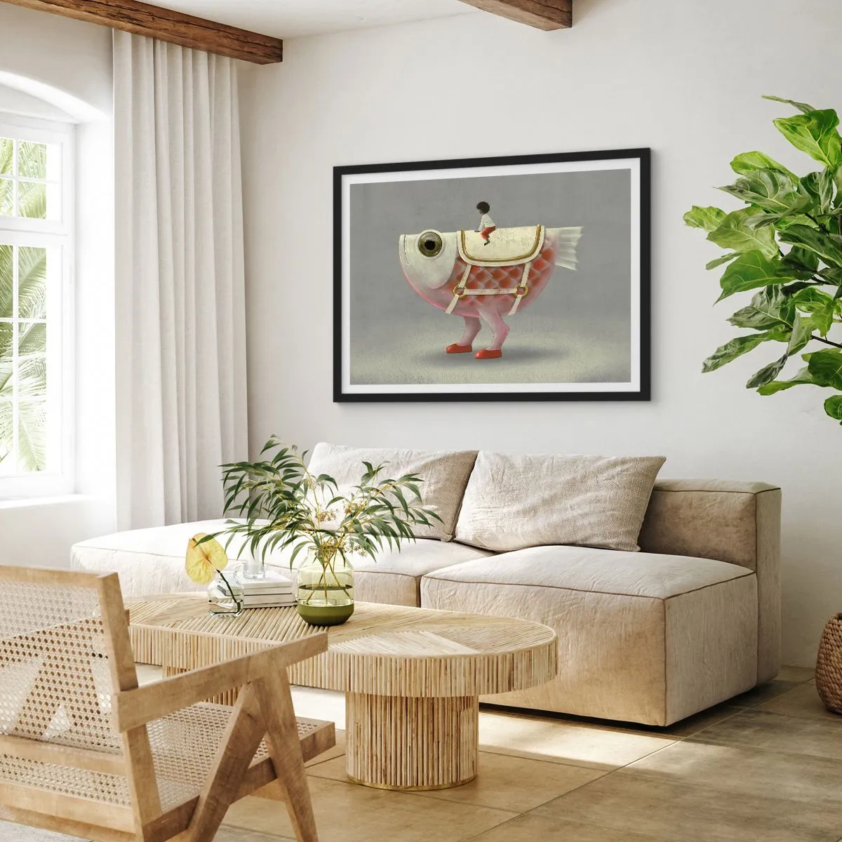 Poster in einem schwarzem Rahmen - Ein schicker Fischreiter mit Beinen und Sattel - 100x70cm - Reiter auf einem surrealen Fisch - Moderne Wanddekoration für Wohnzimmer und Schlafzimmer ARTTOR