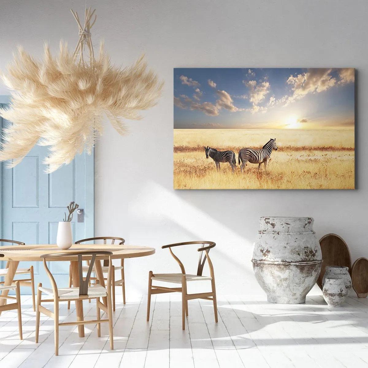 Bild auf Leinwand - Leinwandbild - Zwei Zebras in der Savanne in den Strahlen der untergehenden Sonne - 120x80cm - Geh weg, sei nicht in Frieden - Moderne Wanddekoration für Wohnzimmer und Schlafzimmer ARTTOR