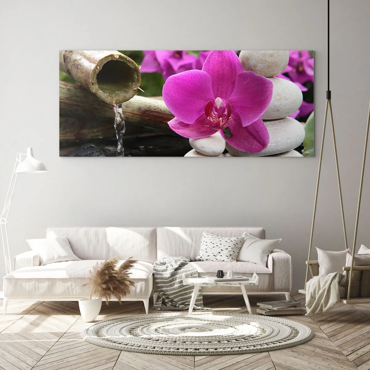 Glasbild - Bild auf glas - Lila Orchidee, Steine und Bambus mit Wasser in einer entspannenden Umgebung - 140x50cm - Du ruhst dich schon aus - Moderne Wanddekoration für Wohnzimmer und Schlafzimmer ARTTOR