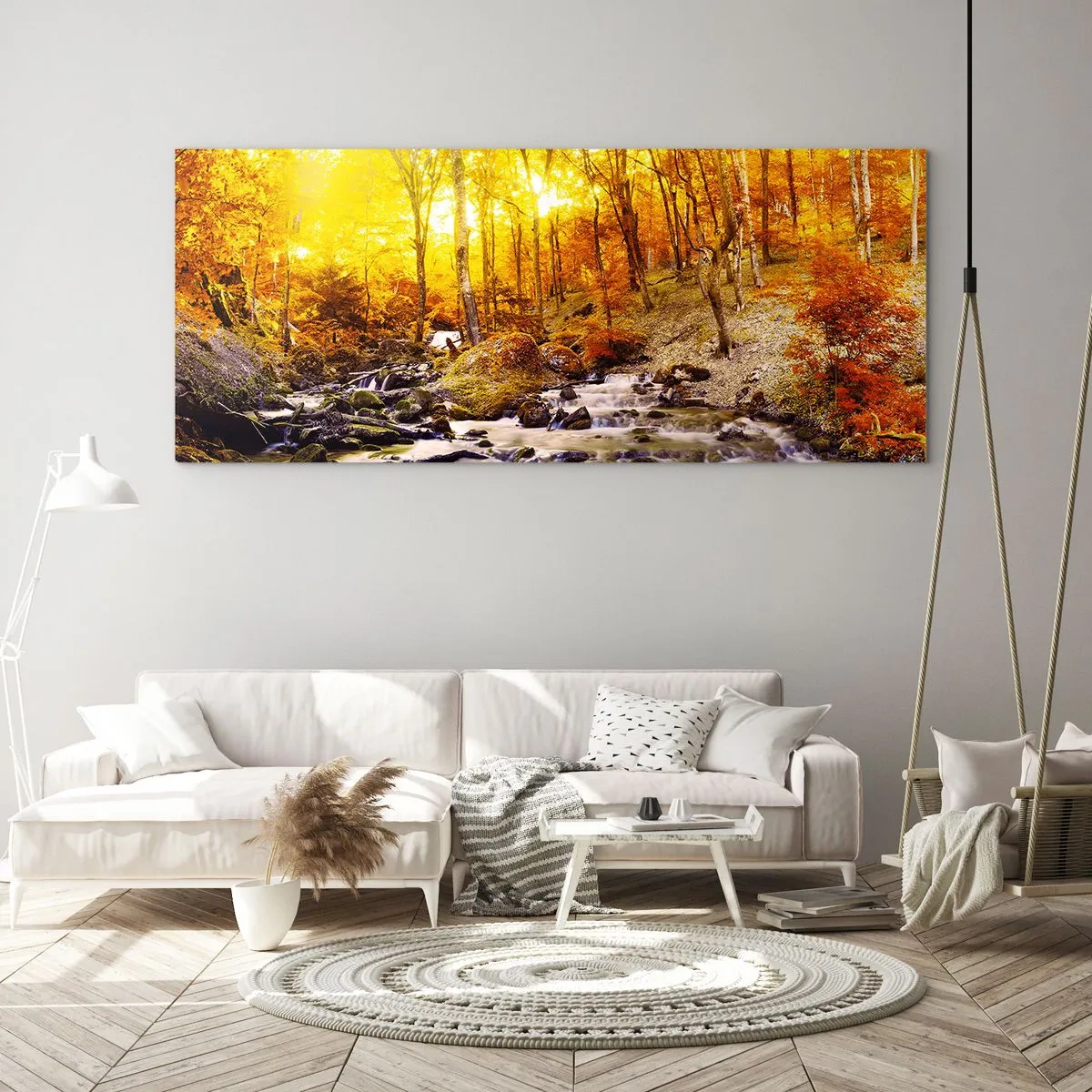 Glasbild - Bild auf glas - Herbstwald mit einem Bach zwischen goldenen Blättern - 160x50cm - In Gold und Platin gefasste Steine - Moderne Wanddekoration für Wohnzimmer und Schlafzimmer ARTTOR