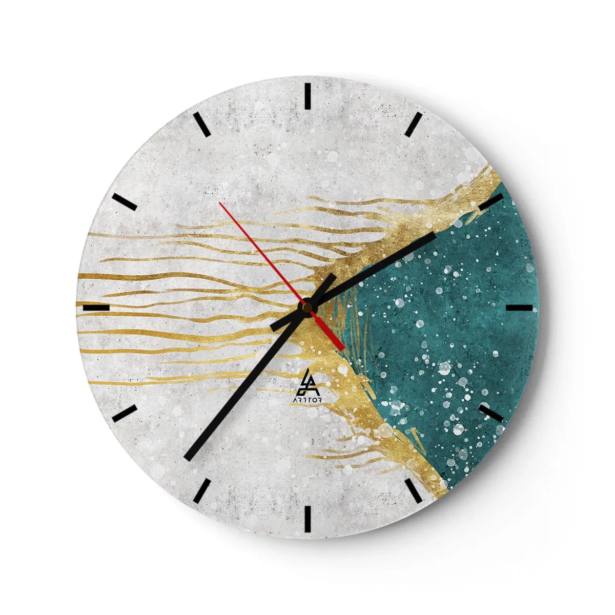 Wanduhr - Glasuhr - Goldene Linien und türkisfarbene Textur auf weißem Hintergrund - 30x30cm - Goldene Flut - Moderne Wanddekoration für Wohnzimmer, Küche und Schlafzimmer ARTTOR