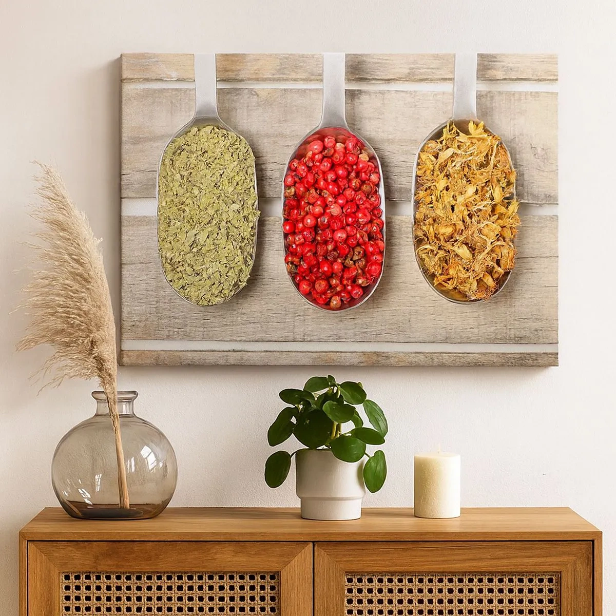 Bild auf Leinwand - Leinwandbild - Drei Metalllöffel mit Gewürzen auf einem hölzernen Hintergrund - 70x50cm - Küchenzauber - Moderne Wanddekoration für Wohnzimmer und Schlafzimmer ARTTOR
