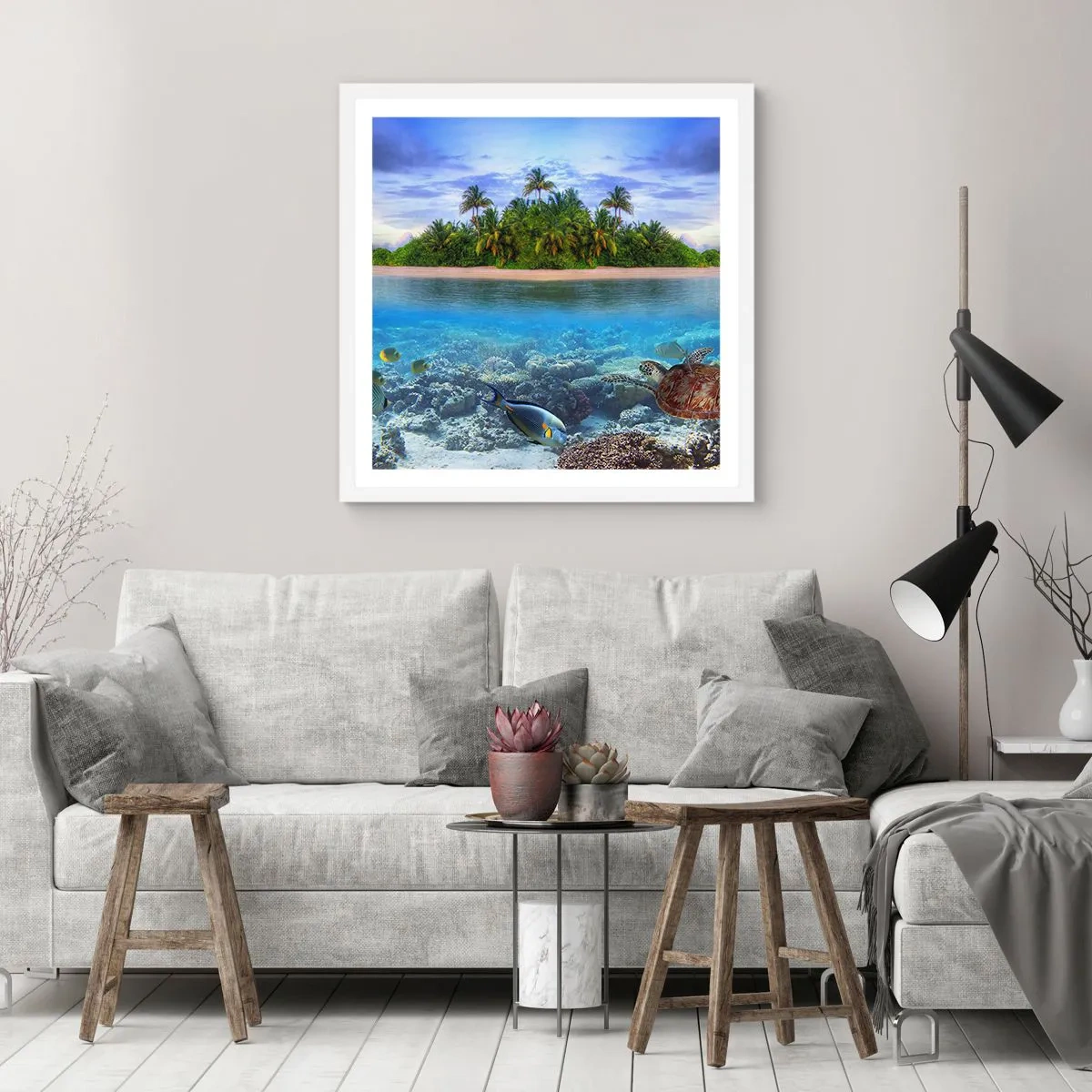 Poster in einem weißen Rahmen - Heavenly Island lädt dich ein - 40x40 cm