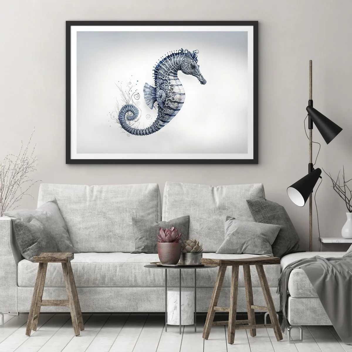 Poster in einem schwarzem Rahmen - Seepferdchen in Blautönen mit Aquarelldetails - 70x50cm - Subtiler Witz der Natur - Moderne Wanddekoration für Wohnzimmer und Schlafzimmer ARTTOR