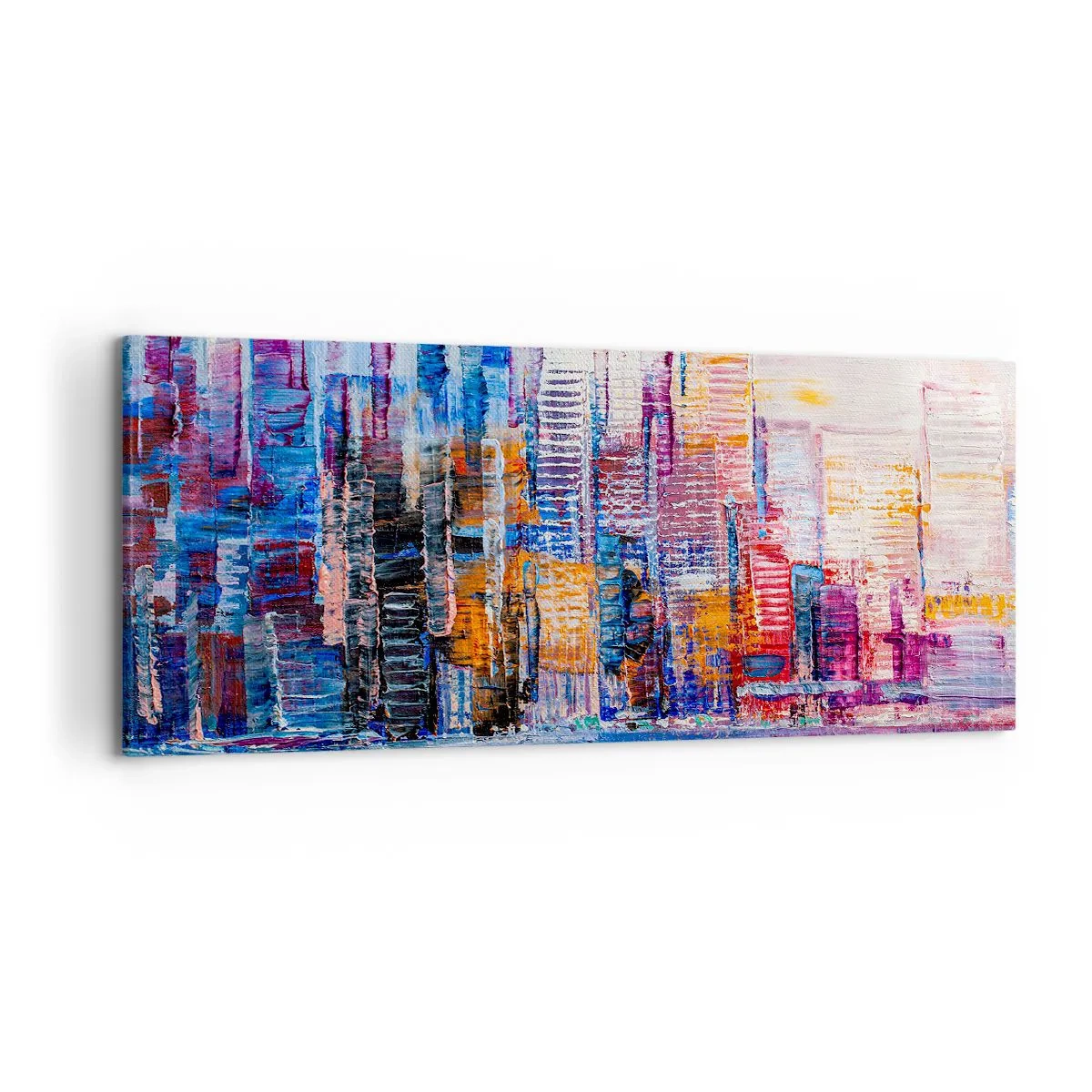 Bild auf Leinwand - Leinwandbild - Ein farbenfrohes Panorama der Stadt mit Spiegelungen auf dem Wasser - 120x50cm - Fröhliche Metropole - Moderne Wanddekoration für Wohnzimmer und Schlafzimmer ARTTOR