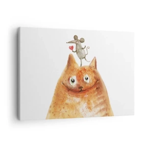 Bild auf Leinwand - Leinwandbild - Eine Zeichnung einer Katze mit einer Maus auf dem Kopf, die ein Herz hält - 70x50cm - Paradoxien der Liebe - Moderne Wanddekoration für Wohnzimmer und Schlafzimmer ARTTOR