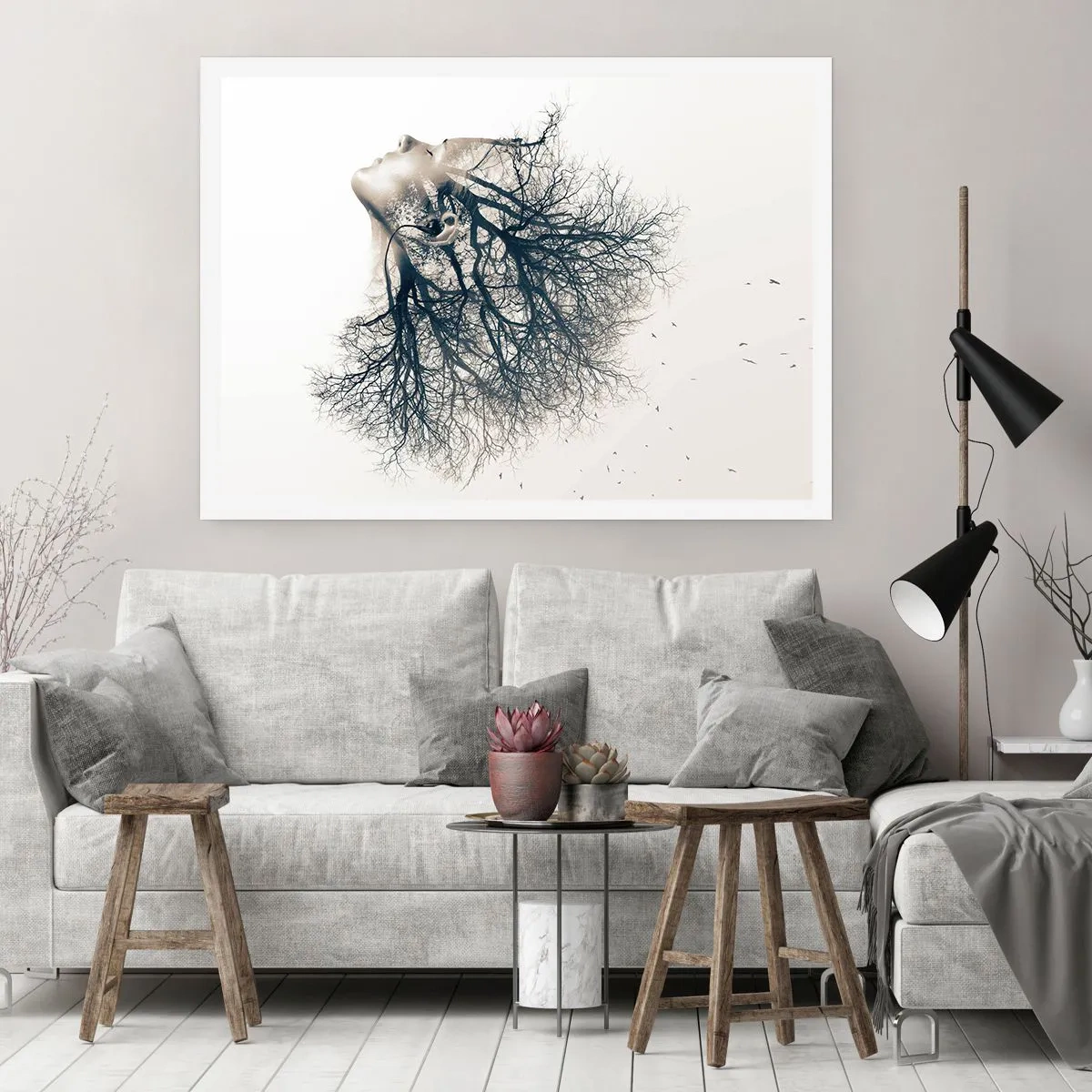 Poster - Kreative Silhouette einer Frau und Bäume - 100x70cm - Dem Rauschen der Bäume lauschen - Moderne Wanddekoration für Wohnzimmer und Schlafzimmer ARTTOR