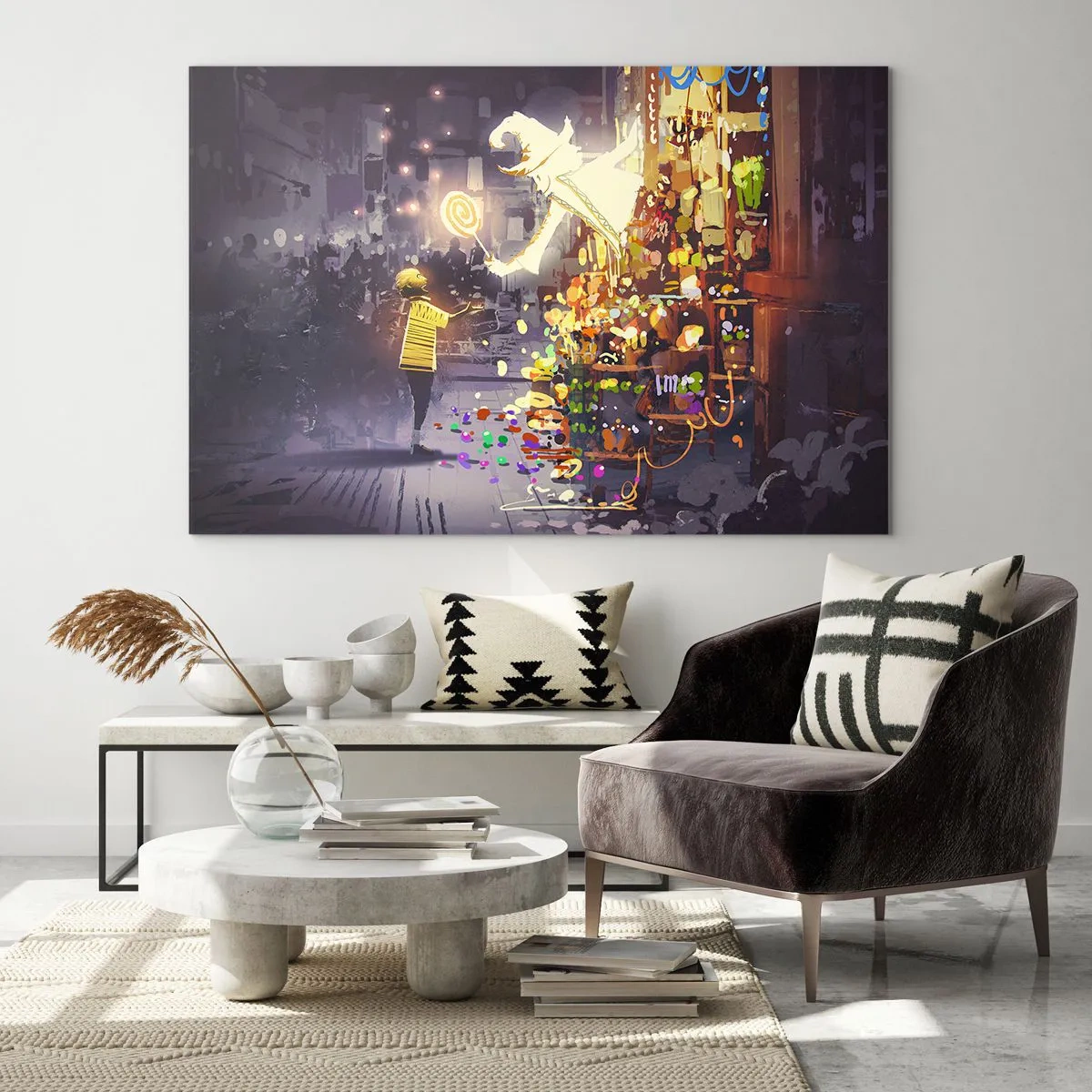 Glasbild - Bild auf glas - Ein Kind in einem hellen T-Shirt an einem hellen Stand voller bunter Süßigkeiten - 100x70cm - Magie ist da - Moderne Wanddekoration für Wohnzimmer und Schlafzimmer ARTTOR