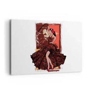 Bild auf Leinwand - Leinwandbild - Eine Tänzerin in einem rot-schwarzen Kleid vor einem künstlerischen Hintergrund - 120x80cm - Im Rhythmus des Herzens - Moderne Wanddekoration für Wohnzimmer und Schlafzimmer ARTTOR
