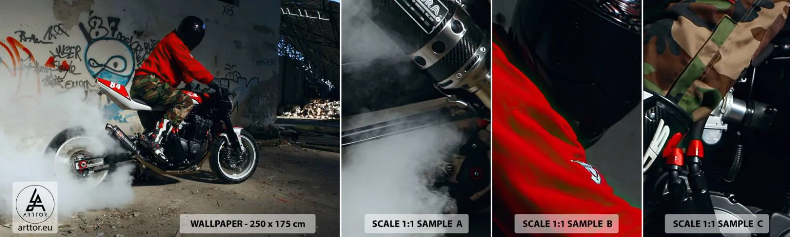 Fototapetenmuster Standard Eco - Verfolge mich! - Automobil, Motorrad, Graffiti - 100x30 cm