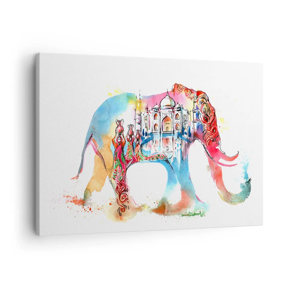 Bild auf Leinwand - Leinwandbild - Farbenfrohes Aquarell eines Elefanten mit Taj Mahal-Motiv - 70x50cm - Indien – die Aura der Liebe - Moderne Wanddekoration für Wohnzimmer und Schlafzimmer ARTTOR