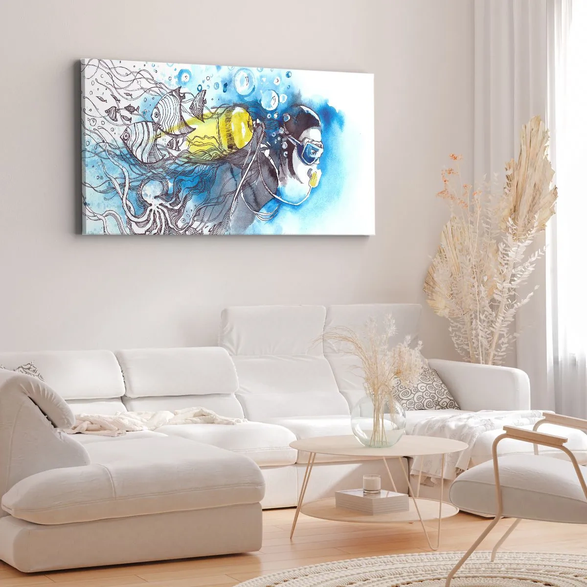 Bild auf Leinwand - Leinwandbild - Unterwasserszene mit einem Taucher und exotischen Fischen - 140x50cm - Tolles Blau - Moderne Wanddekoration für Wohnzimmer und Schlafzimmer ARTTOR