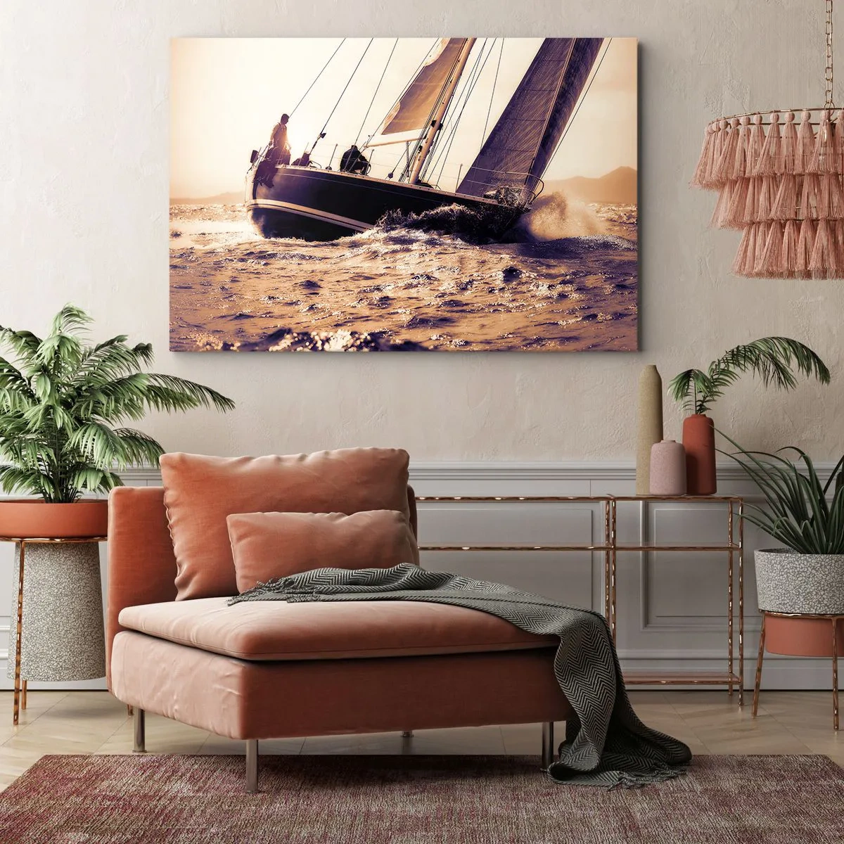 Bild auf Leinwand - Leinwandbild - Eine Yacht auf stürmischer See im Licht der untergehenden Sonne - 120x80cm - Segle, Seemann - Moderne Wanddekoration für Wohnzimmer und Schlafzimmer ARTTOR