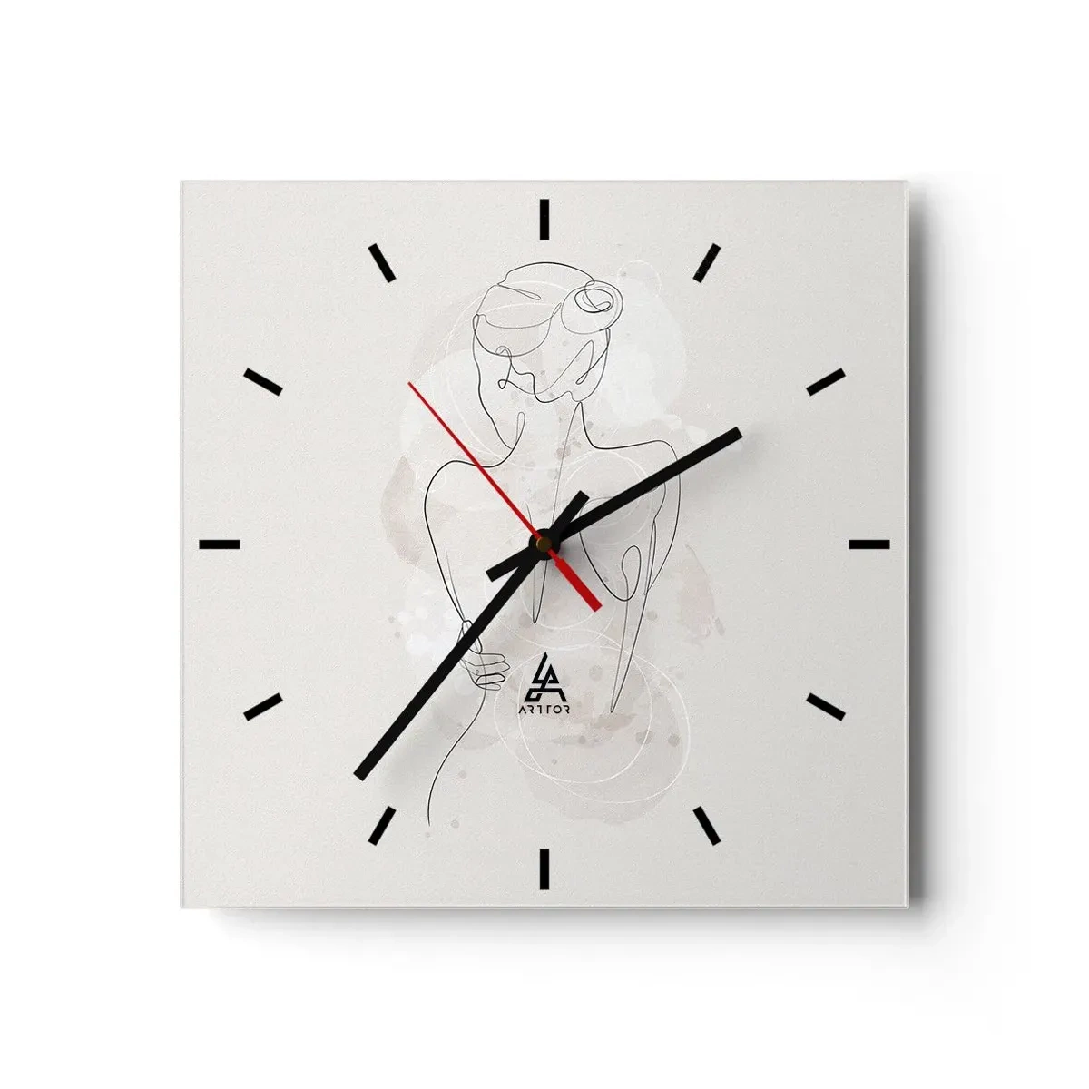 Wanduhr - Glasuhr - Eine minimalistische Skizze einer weiblichen Silhouette vor hellem Hintergrund. - 30x30cm - Wie ein sensibles Instrument - Moderne Wanddekoration für Wohnzimmer und Schlafzimmer ARTTOR