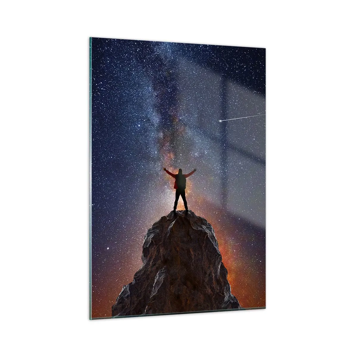 Glasbild - Bild auf glas - Silhouette eines Mannes auf einem Felsen unter einem Sternenhimmel - 50x70cm - Die Macht ist mit mir! - Moderne Wanddekoration für Wohnzimmer und Schlafzimmer ARTTOR