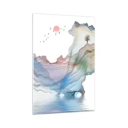 Glasbild - Bild auf glas - Eine subtile Landschaft mit Bergen, Wasser und einem Boot - 80x120cm - Zu den Kristallbergen - Moderne Wanddekoration für Wohnzimmer und Schlafzimmer ARTTOR