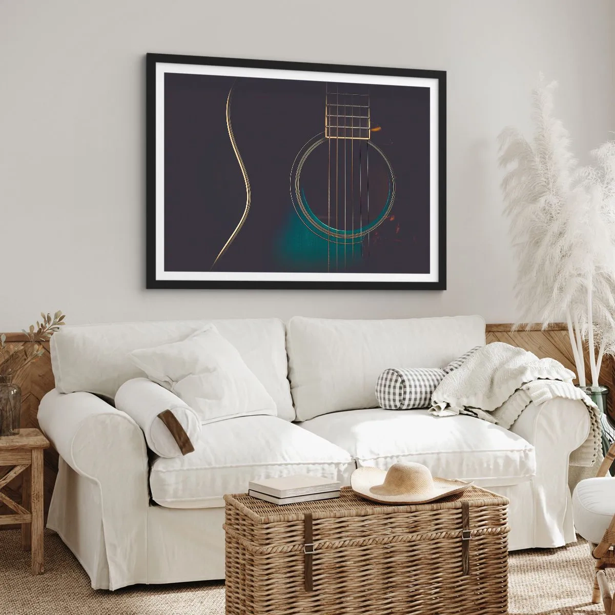 Poster in einem schwarzem Rahmen - Akustikgitarre in dunklem, elegantem Licht - 70x50cm - Einen Moment bevor es ertönt - Moderne Wanddekoration für Wohnzimmer und Schlafzimmer ARTTOR