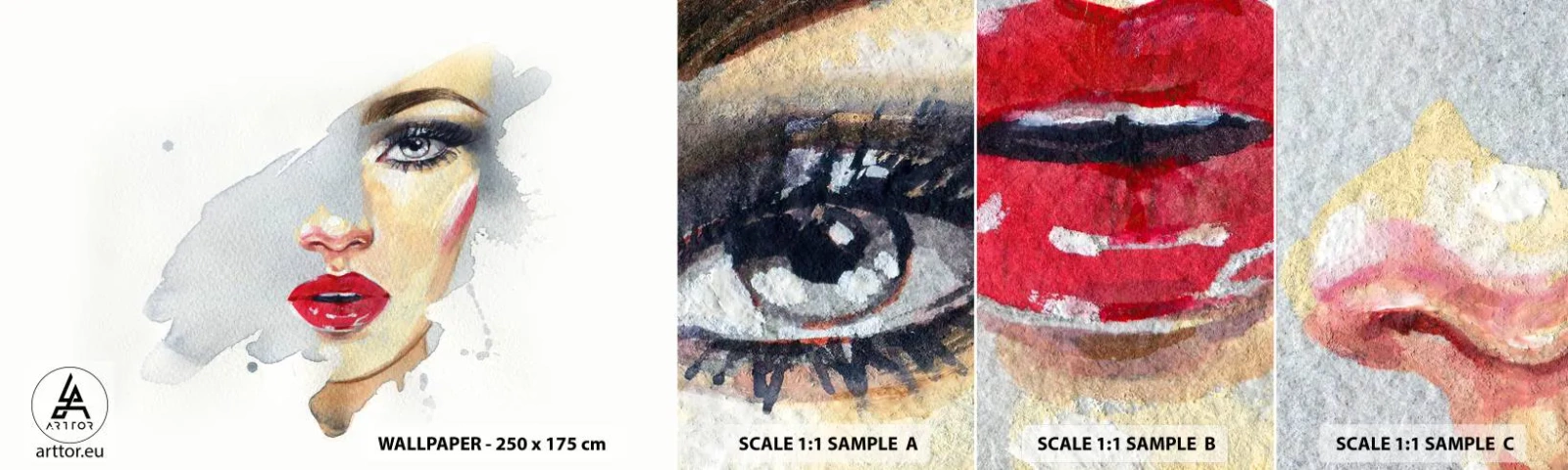 Fototapeten Muster Selbstklebend Deluxe Sticker - Abspiegeln in einem Wassertropfen - Das Gesicht einer Frau, Frau, rote Lippen - 100x30 cm