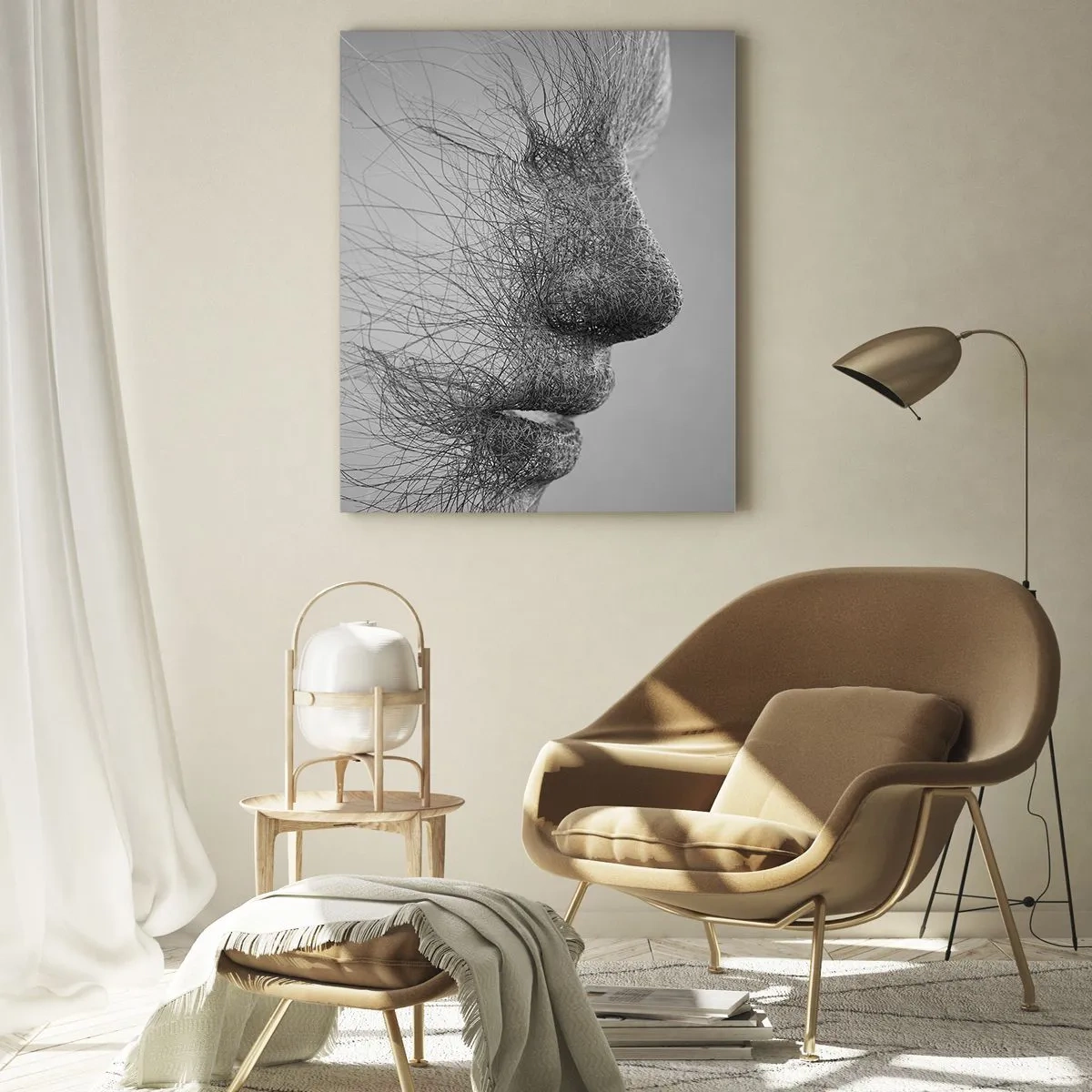 Glasbild - Bild auf glas - Schwarz-weißes abstraktes Gesichtsprofil mit Linien - 50x70cm - Der Geist des Windes - Moderne Wanddekoration für Wohnzimmer und Schlafzimmer ARTTOR