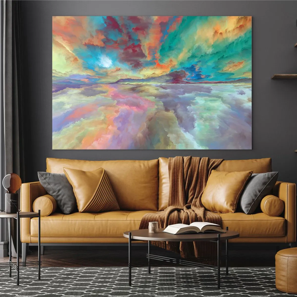 Glasbild - Bild auf glas - Bunte Wolken spiegeln sich im Wasser am Horizont - 70x50cm - Zwei Himmel - Moderne Wanddekoration für Wohnzimmer und Schlafzimmer ARTTOR