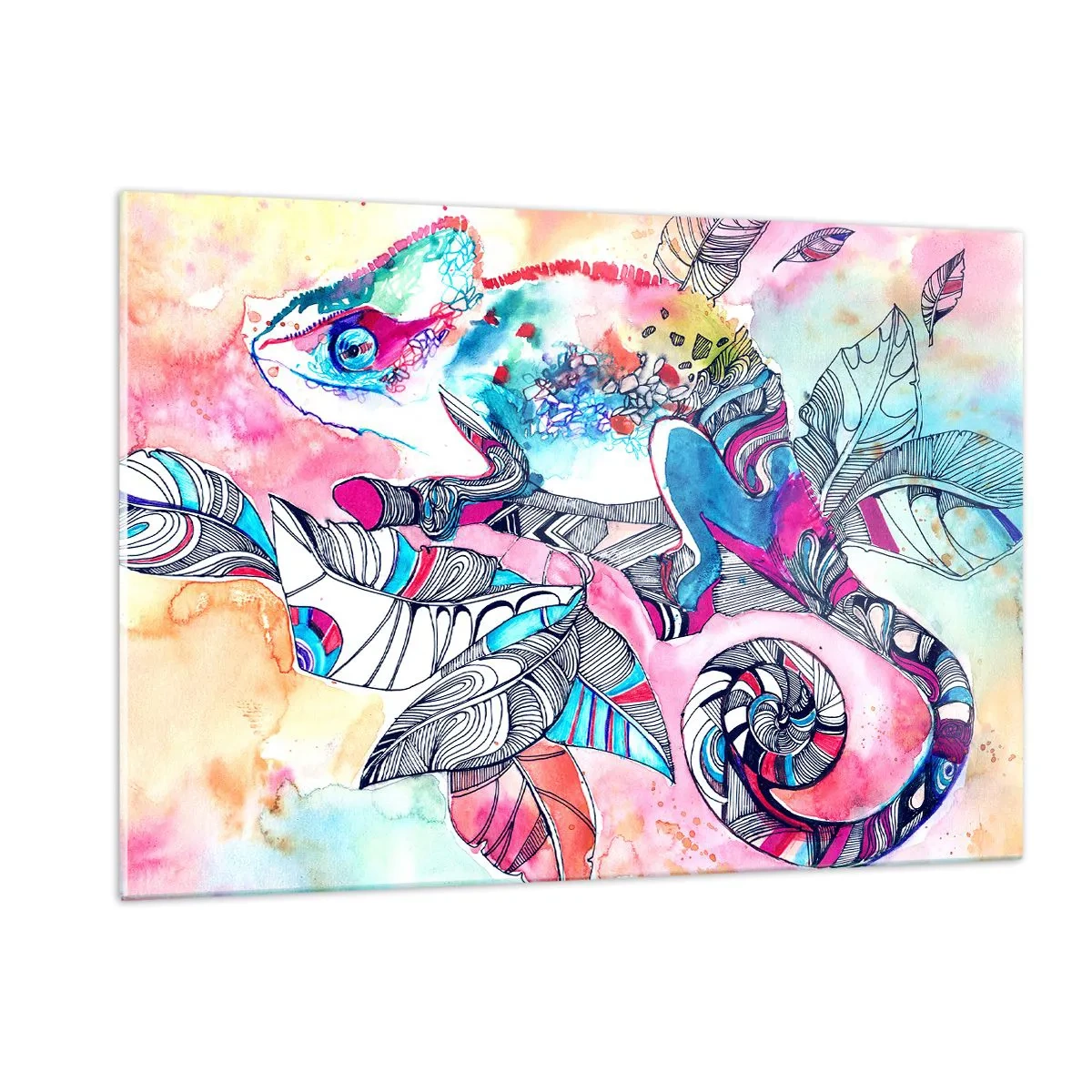 Glasbild - Bild auf glas - Buntes Chamäleon zwischen Blättern im Aquarellstil - 120x80cm - So bunt wie unsere Welt - Moderne Wanddekoration für Wohnzimmer und Schlafzimmer ARTTOR
