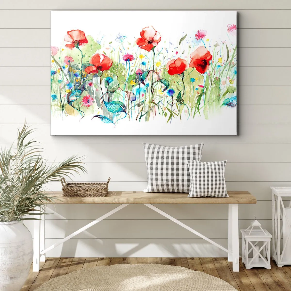 Bild auf Leinwand - Leinwandbild - Eine Wiese mit roten Mohnblumen und bunten Blumen in Aquarell - 70x50cm - Blühende Maiwiese - Moderne Wanddekoration für Wohnzimmer und Schlafzimmer ARTTOR