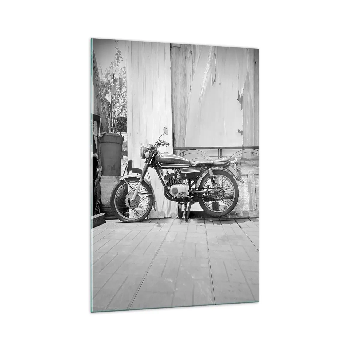 Glasbild - Bild auf glas - Schwarz-Weiß-Foto eines klassischen Motorrads - 70x100cm - Klassik über alles - Moderne Wanddekoration für Wohnzimmer und Schlafzimmer ARTTOR