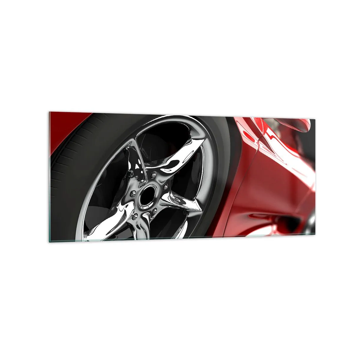Glasbild - Bild auf glas - Roter Sportwagen mit Chromfelge - 120x50cm - Für Schnelligkeit gebaut - Moderne Wanddekoration für Wohnzimmer und Schlafzimmer ARTTOR