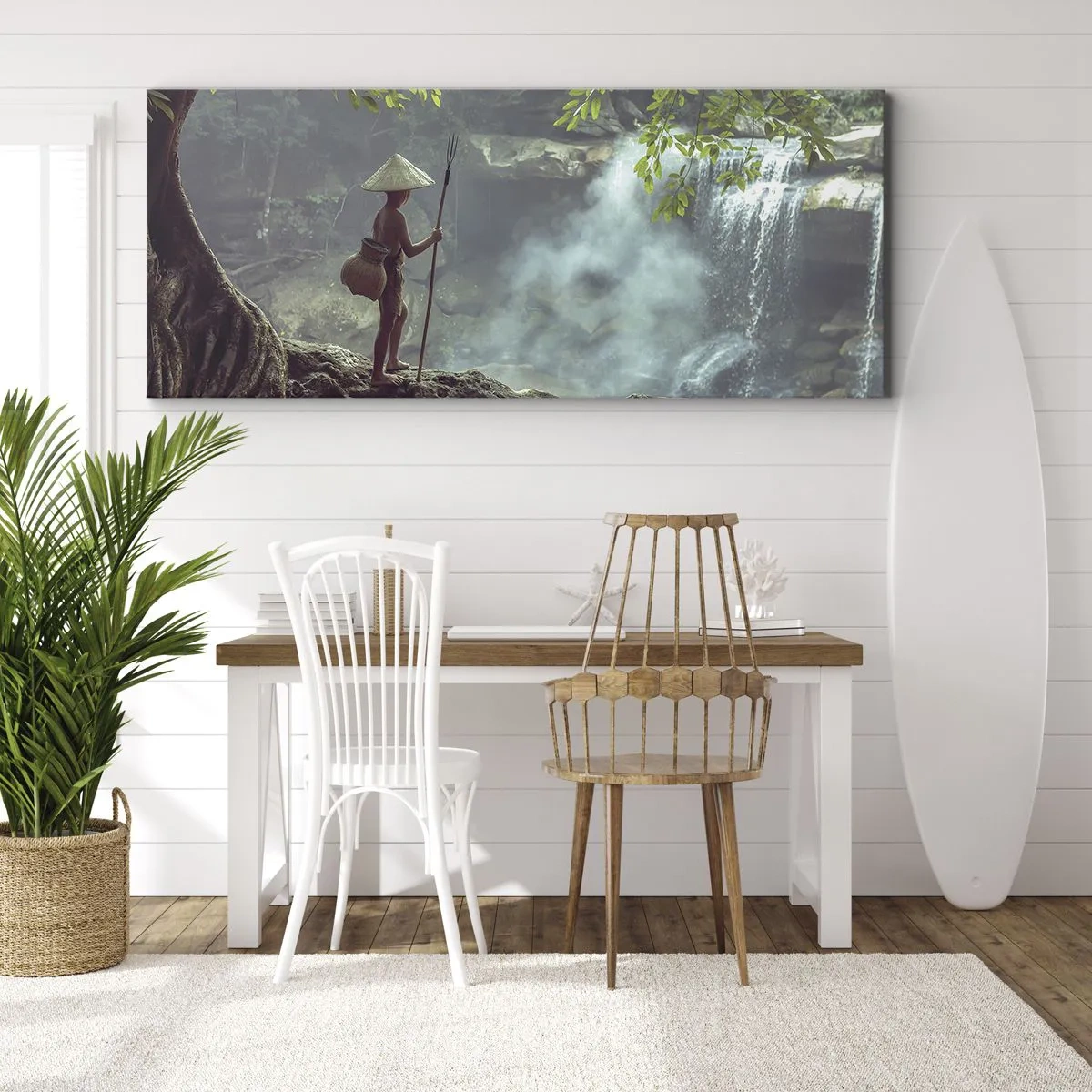Bild auf Leinwand - Leinwandbild - Eine Figur mit einem Speer an einem Wasserfall in einem tropischen Wald - 160x50cm - Befreundet mit der Natur - Moderne Wanddekoration für Wohnzimmer und Schlafzimmer ARTTOR