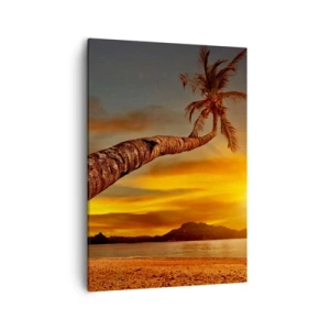 Bild auf Leinwand - Leinwandbild - Palme am Strand bei Sonnenuntergang mit Blick auf das Meer - 50x70cm - Exotischer Urlaub, karibisches Abenteuer - Moderne Wanddekoration für Wohnzimmer und Schlafzimmer ARTTOR