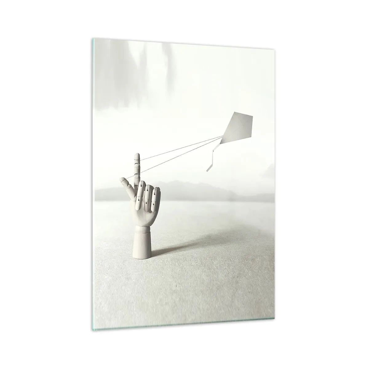 Glasbild - Bild auf glas - Eine Holzhand, die einen schwebenden Drachen auf dem Finger hält - 50x70cm - Kraftprobe - Moderne Wanddekoration für Wohnzimmer und Schlafzimmer ARTTOR