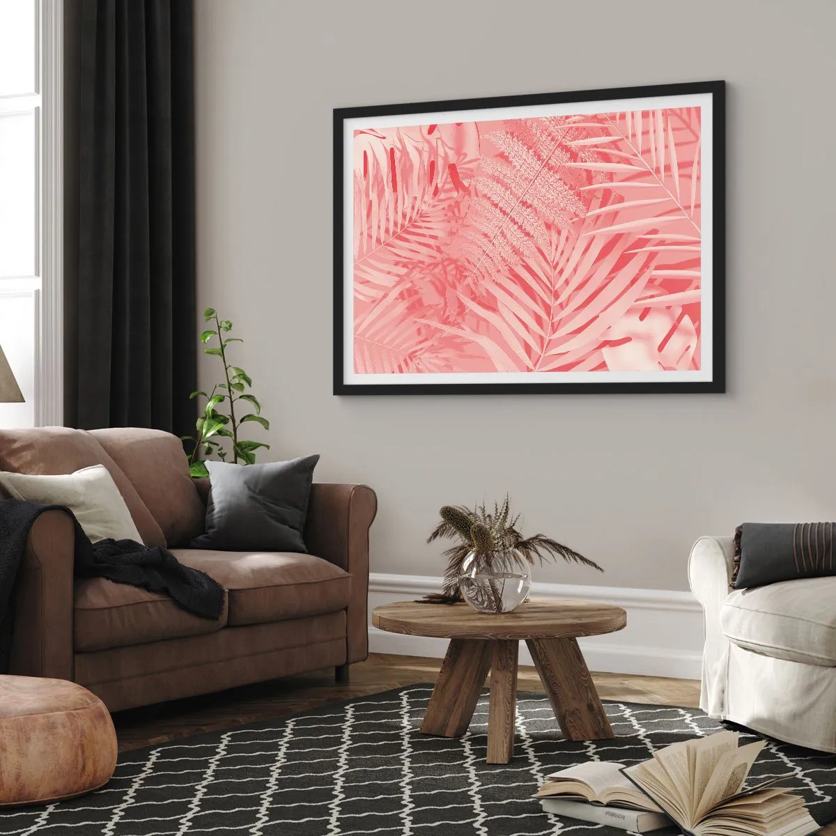 Poster in einem schwarzem Rahmen - Rosa tropische Blätter in einem zarten und minimalistischen Stil - 100x70cm - Rosa Konzept - Moderne Wanddekoration für Wohnzimmer und Schlafzimmer ARTTOR