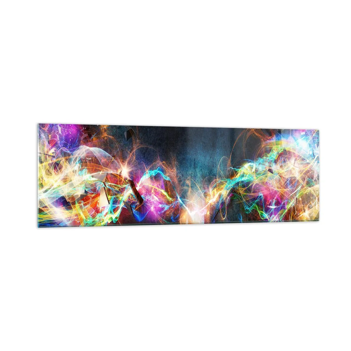 Glasbild - Bild auf glas - Bunte Lichtblitze in einer abstrakten Komposition - 160x50cm - Freudig gegen die Dunkelheit - Moderne Wanddekoration für Wohnzimmer und Schlafzimmer ARTTOR