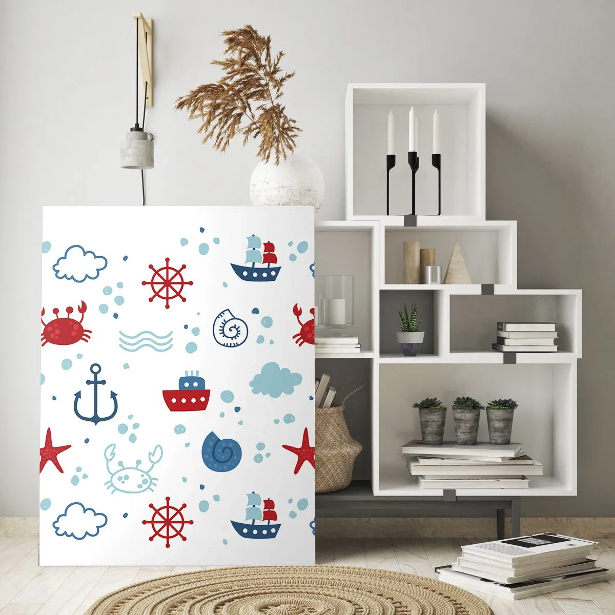 Glasbild - Bild auf glas - Nautisches Muster mit Ankern, Schiffen und Krabben - 80x120cm - Märchen vom Meer - Moderne Wanddekoration für Wohnzimmer und Schlafzimmer ARTTOR